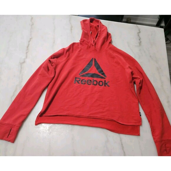 Red Reebok Metro 2.0 Logo Front Women's Pullover Hoodie Sweatshirt Size Large